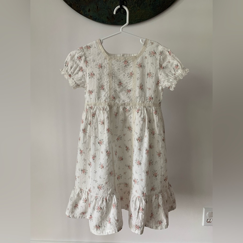 Girls' Floral Cotton Dress - Cream with Pink Rose Print